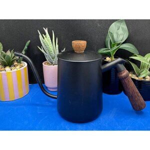 Gooseneck Coffee Kettle With Teak Wood Handle & Lid Knob Black Finish
